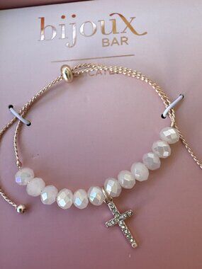 NEW Bijoux Bar Rose Gold Pretty Pink Pearl Bead Rhinestone Cross Bracelet Boxed